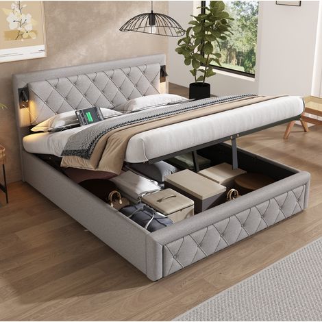 Cama tapizada 160x200 cm en lino gris con somier de láminas, cabecero acolchado, luces LED y USB, canapé abatible (1/5)