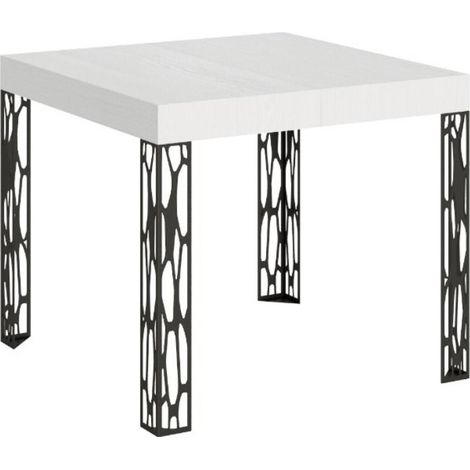 Petite table carrée 90-90cm extensible 10 personnes 90 à 246cm blanche et pieds métal gris foncé Gisa (1/5)