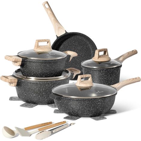 Set di pentole antiaderenti in granito da 14 pezzi, nero