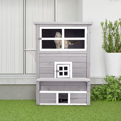 Caseta para Gatos de Madera Exterior Casa Grande para Gatos de 3 Pisos con Múltiples Entradas Ventanas y 2 Plataformas para Terraza Balcón Jardín 93,5x67x117 cm Gris (1/5)
