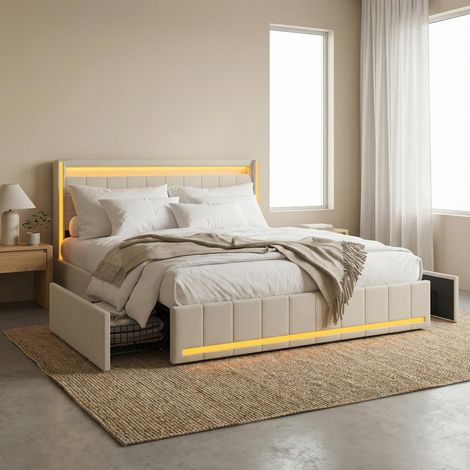 Lit double 180x200 cm, lit adulte king size avec 4 tiroirs, tête de lit avec chargement USB/C, sommier à lattes, éclairage LED RGB, lin - Beige