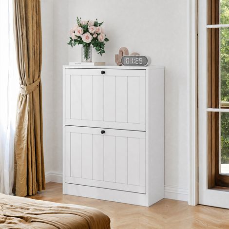 Meuble à chaussures blanc 60 cm avec 2 tiroirs rabattables, façades rainurées, design moderne, pour entrée, couloir, salon & véranda (1/5)
