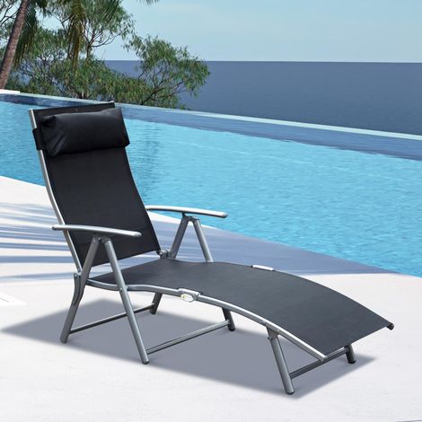 Transat pliant avec coussin, chaise longue avec dossier réglable 7 positions, supportant jusqu'à 165 kg, idéal pour le jardin, les vacances et les activités de plein air, noir. (1/5)