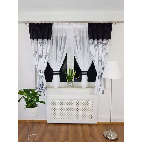 Cortina corta confeccionada, juego de cortinas negras con plumas m2 (1/5)