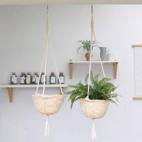 Panier suspendu en jonc de mer naturel, support de plantation double couche, décoration de jardin pour pots de fleurs suspendus. (1/5)