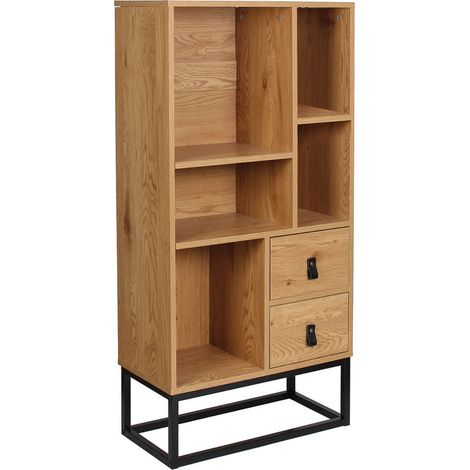 Altobuy – Bibliothèque aspect bois avec pieds métal – H120 cm – 2 tiroirs sur rails – Rangement moderne pour livres et objets décoratifs (1/7)
