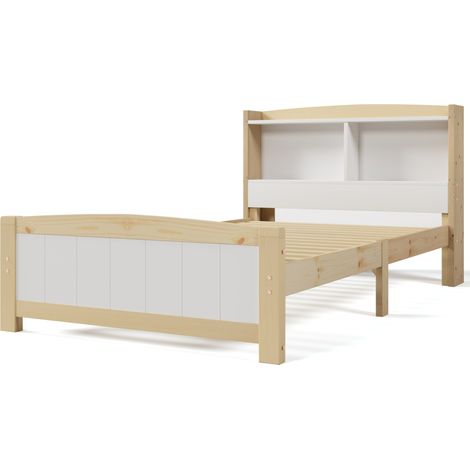 Letto singolo 90 x 200 cm con testiera contenitore, legno bianco e naturale, HOMVRA (1/5)