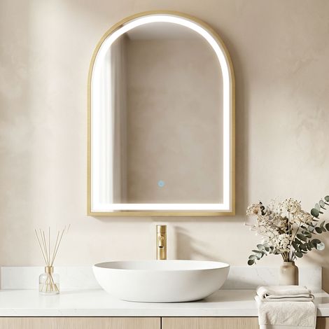Armoire murale salle de bain LED miroir porte cintrée, anti-buée, 50x14.5x70cm, doré (1/5)