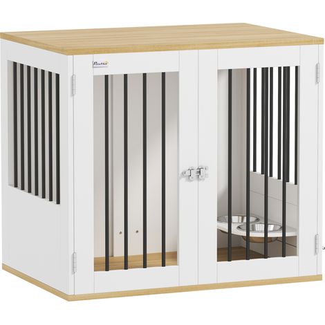 Cage chien table d'appoint 2 portes gamelles rotatives 360° 80x55x71.5cm blanc