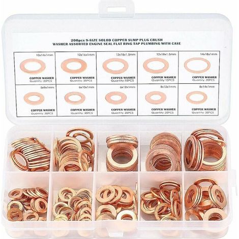 Juego de arandelas de metal de cobre - Anillos de sellado, juntas - Arandelas planas con caja - Surtido de 200 piezas para sellado - Tamaños M5 M6 M8 M10 M12 M14. (1/3)