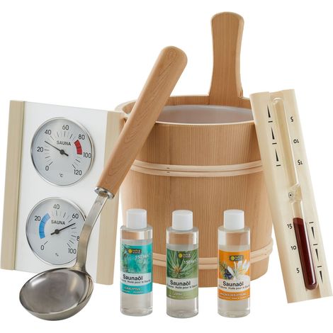 Infraworld Saunaset Unico 8 teilig Aufgusseimer Kelle Sanduhr Saunaöl S2305 (1/5)
