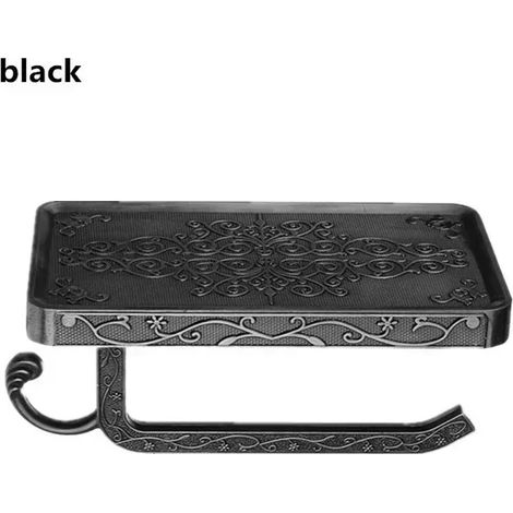 (Noir) Porte-serviettes de salle de bain avec étagère, distributeur de papier toilette, boîte à mouchoirs et support pour téléphone portable. Facile à utiliser et peu encombrant. (1/5)