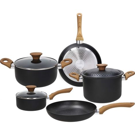 Tognana Rock In Wood, Batteria di pentole e padelle, Set con 2 padelle, 2 casseruole, 1 pastaiola, 2 coperchi trasparenti, 1 coperchio con fori, 8 Pezzi, Alluminio, Nero (1/2)
