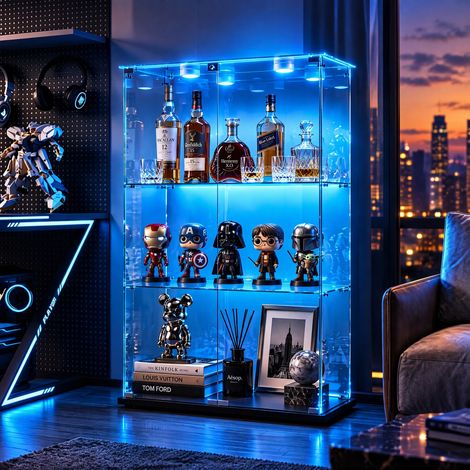 JOOKGBD-Glasvitrine,2 Tür vitrinenschrank 3 Regalen transparent, mit Schloss und LED,Sammlerstücke Glasvitrine,Bücherregal aus Glas,Vertikale Glasvitrine,für Wohnzimmer Schlafzimmer Büro,Schwarz