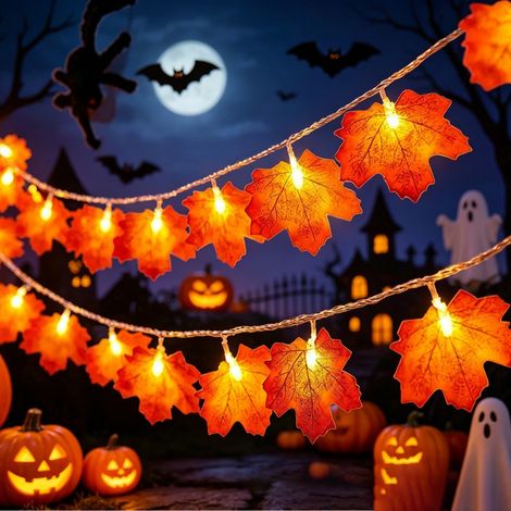 Guirlande d'automne, Decoration Automne pour Halloween, 3 m 20 LED Feuille d'érable Guirlande lumineuse à piles Pour Halloween,Noël Decoration. (1/5)