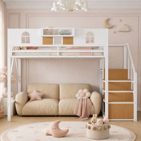 REDOM Letto a soppalco 140x200 cm con scala contenitore, metallo, bianco (Senza materasso) (1/5)