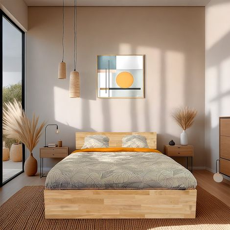 Lit coffre 140x200cm MILO avec tête de lit + sommier/ Chêne massif huilé/ 208.5 x 146.5 x 84.5 cm (1/5)