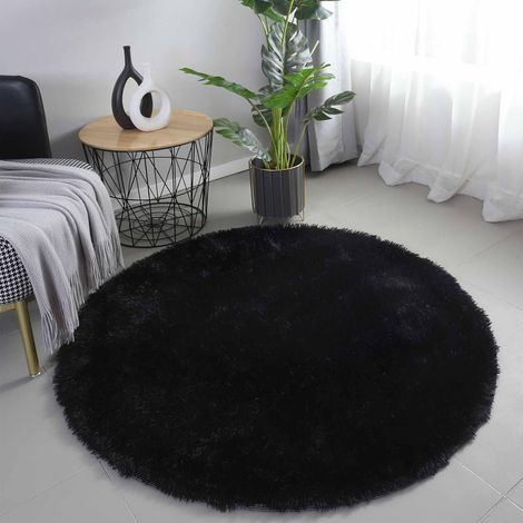Tapis Shaggy Moelleux Ø80cm – Rond et moderne, parfait pour salon,chambre ou déco cosy, couleur noire (1/5)