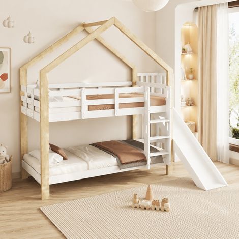 Haus-Etagenbett 245x164x223 cm Weiß Natur aus Massivholz und MDF mit Rutsche, Leiter und Absturzsicherung (1/5)