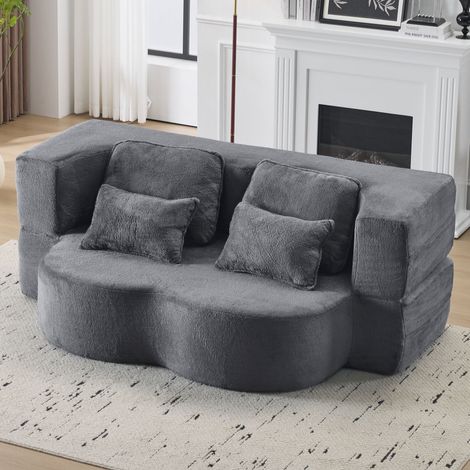 Canapé de sol pliable bleu et gris en mousse et ressorts avec 4 coussins (1/5)