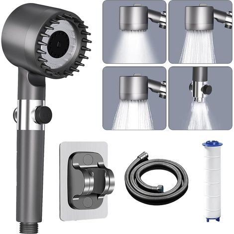 Pommeau de Douche Haute Pression, Pommeau Douche avec Filtre Anti Calcaire, avec Tuyau 1.5M et Support de Douche, Douchette Economie Deau 4 Types de Jets avec Bouton D'arrêt D'eau, Gris argenté (1/5)