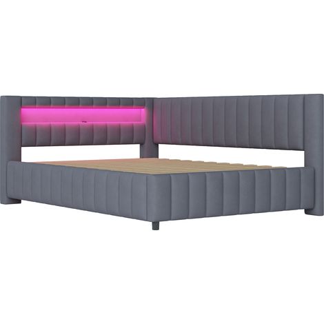 Lit capitonné canapé-lit 140 x 200, revêtement en tissu velours avec éclairage LED et port de charge USB, avec dossier, tête de lit et cadre de lit stable, gris (1/5)