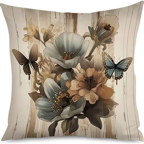 Housse de coussin fleurs botaniques sur fond bois brut (1/5)