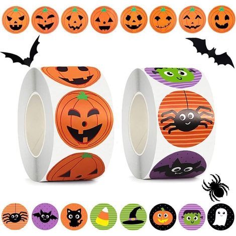 1000 Halloween-Sticker: 2 Rollen mit je 500 Byhoo-Halloween-Stickern, insgesamt 1000 Bögen. Das erste Set enthält 8 verschiedene Kürbis-Sticker. (1/4)