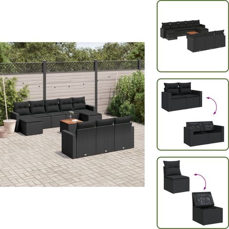 The Living Store Salon de jardin 11 pcs avec coussins noir résine tressée - Ensemble Salon De Jardin - Mobilier Extérieur - Jardin Design - Chaise Lounge - Set Salon (1/5)