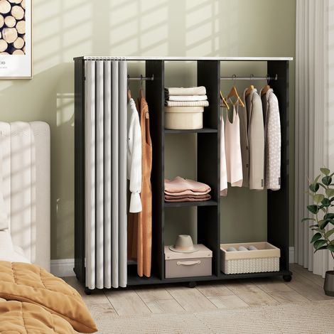 Kleiderschrank, mobile Aufbewahrungseinheit mit 6 Rollen, 120 x 40 x 128 cm (L x B x H), schwarzes Holz