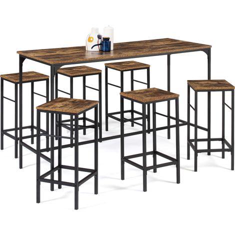 Idmarket – Ensemble table haute de bar 150 cm avec 6 tabourets – Bois effet vieilli et métal noir – Style industriel moderne – Pour cuisine ou salle à manger