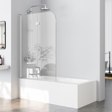 Duschwand für Badewanne 100x140 cm Badewannenaufsatz Badewannenfaltwand 2-teilig Faltbar 6mm ESG Glas Nano Beschichtung Duschtrennwand (1/5)