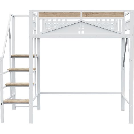 Cama alta de metal 140 x 200 cm blanca con escalera de seguridad y espacio de almacenaje (1/5)
