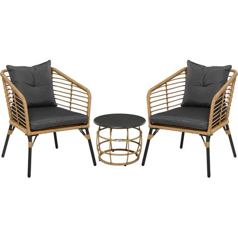 Rattan Gartenmöbel-Set, 3-Tlg. Sitzgruppe, Inkl. Couchtisch Und 2 Stühle, Bistro-Set Mit Kissen, Balkonmöbel, Sand+Dunkelgrau