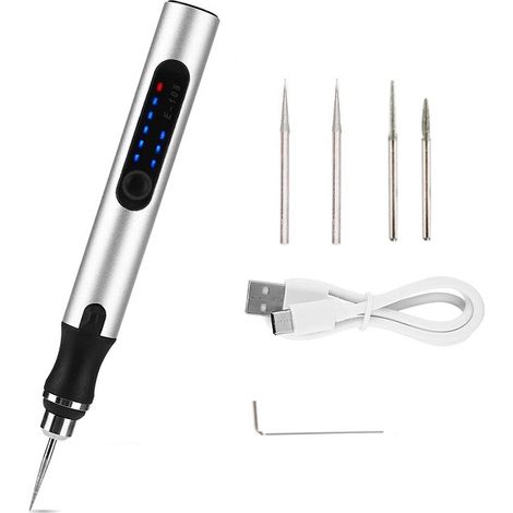 Stylo graveur électrique, 3 vitesses réglables, outil de gravure sans fil rechargeable, ensemble de 5 pièces (argent)