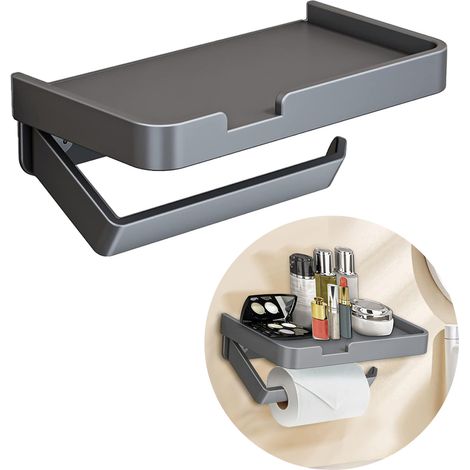 Porte-rouleau de papier toilette avec étagère, porte-papier toilette 2 en 1, support de papier toilette adhésif multi-usage avec tige inclinable,mural (1/5)
