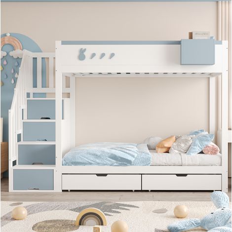 Lit superposé enfant en bois blanc et bleu 90x200 cm avec rangement, étagère amovible, tiroirs et sommier à lattes (1/5)