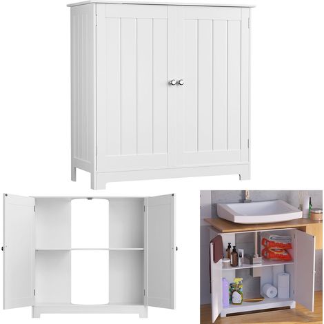 armoire de toilette 58x60 cm sous l'évier, avec étagères réglables, poignées, trous de drainage, armoire de rangement peu encombrante ,meuble-lavabo (blanc) (1/5)