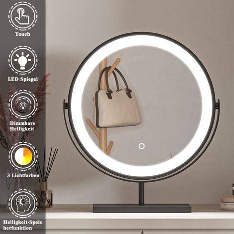 Schminkspiegel mit Beleuchtung Runder LED Kosmetikspiegel Drehbar Make-up Spiegel mit Touchschalter, 3 Lichtfarben Dimmbar und Memory-Funktion,ф40cm Schwarz