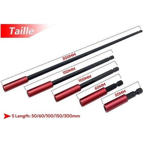 Lot de 5 Porte-embouts Magnétiques, 50/60/100/150/300mm de Long Porte Embout Visseuse a Choc, Rallonge Visseuse Tige hexagonale 6,35 mm (1/4)