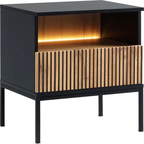 Mesilla de noche Manal, Negro + Roble wotan, Número de cajones: 0, Número de puertas: 0, 56x54x39cm, Aglomerado laminado, LED