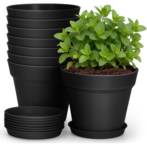 8 Pièces 10CM Pots Plastique Plantes Petite, Cache Pot Interieur Exterieur, Pot de Fleur Décoratifs Modernes, avec Plateaux et Trou de Drainage, pour Semis, Succulentes, Herbes -Noir (1/5)