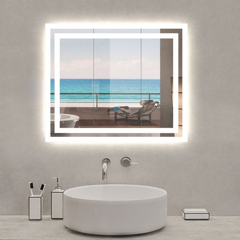 Acezanble Miroir lumineux rectangulaire 70 x 50cm anti-buée +dimmable + mémoire, miroir de salle de bain led