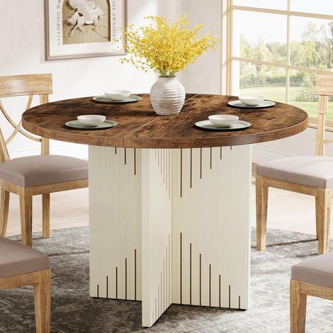 Tribesigns – Table de salle à manger ronde 100 cm pour 4 personnes – Bois MDF rustique – Base en croix stable – Coussinets réglables