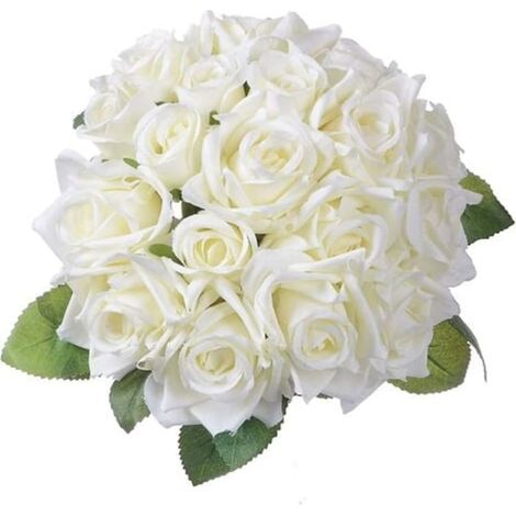 Bouquet de roses blanches artificielles en soie et plastique, 9 têtes, fausses fleurs décoratives pour mariage (1/5)