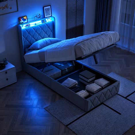 JOOKGBD-Polsterbett Einzelbett 90x200cm in dunkelgrauem Samt, LED RGB Kopfteil mit Stauraum, Fernbedienung, USB/USB-C, hydraulischer Mechanismus, großer Stauraum unter dem Bett (1/5)