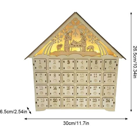 Calendario dell'Avvento con 24 cassetti portaoggetti, conto alla rovescia per Natale, calendario dell'Avvento natalizio in legno illuminato da 24 giorni, decorato con presepe, decorazioni ricaricabili (1/4)