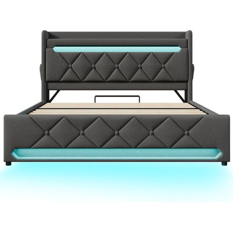 HOMVRA Doppelbett 180x200 cm mit hydraulischem Stauraum, LED, USB und USB-C, Grau Leinen (1/5)