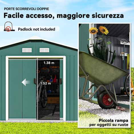 Caseta de jardín de acero con puerta corredera, tamaño 380x340 cm, color verde, cobertizo para herramientas, gran capacidad.