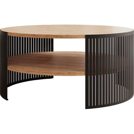 Table basse Sordore 102, Noir + Chêne doré artisanal, 40x0x0cm, Diamètre: 75, Stratifié, Rond (1/3)